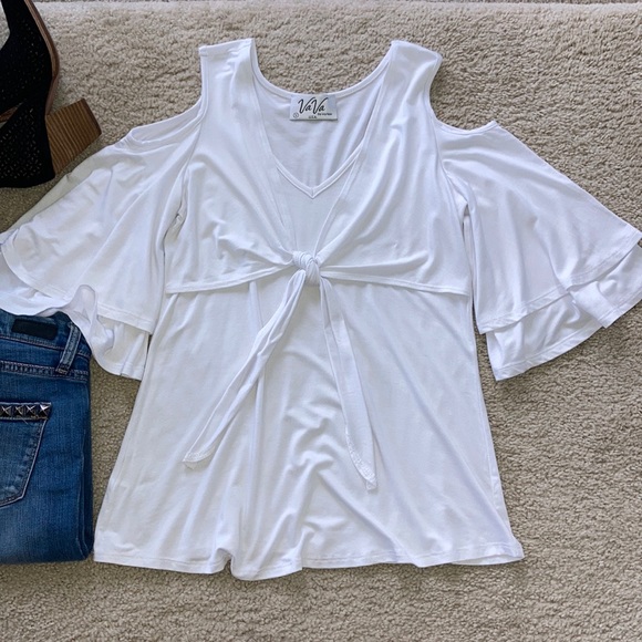 White Cold Shoulder Tie Front Top - Picture 10 of 14